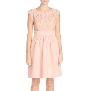 Eliza J Lace‎ & Faille Cap Sleeve Dress Blush Pink Women Size 12 Wedding Pockets